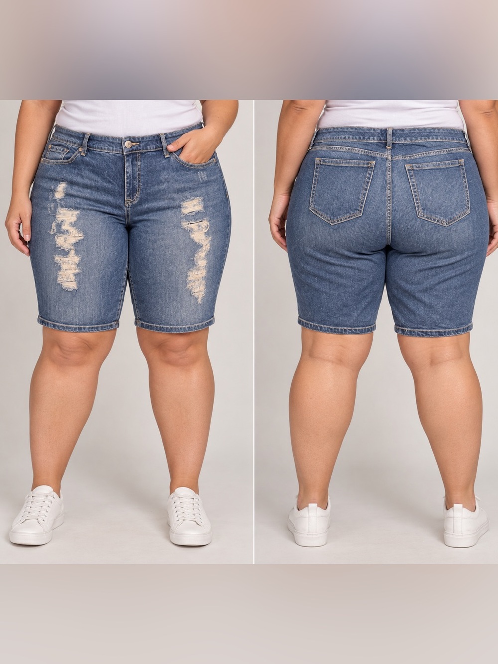 torrid Distressed Mid-Length Denim Shorts - Medium Blue